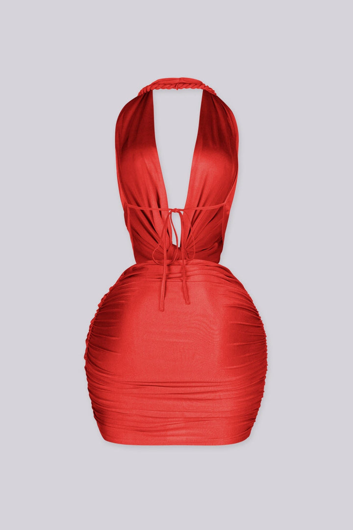 EDGEBYKS - Ruched mini dress featuring braided rope halter neckline with a plunging draped front, red back view