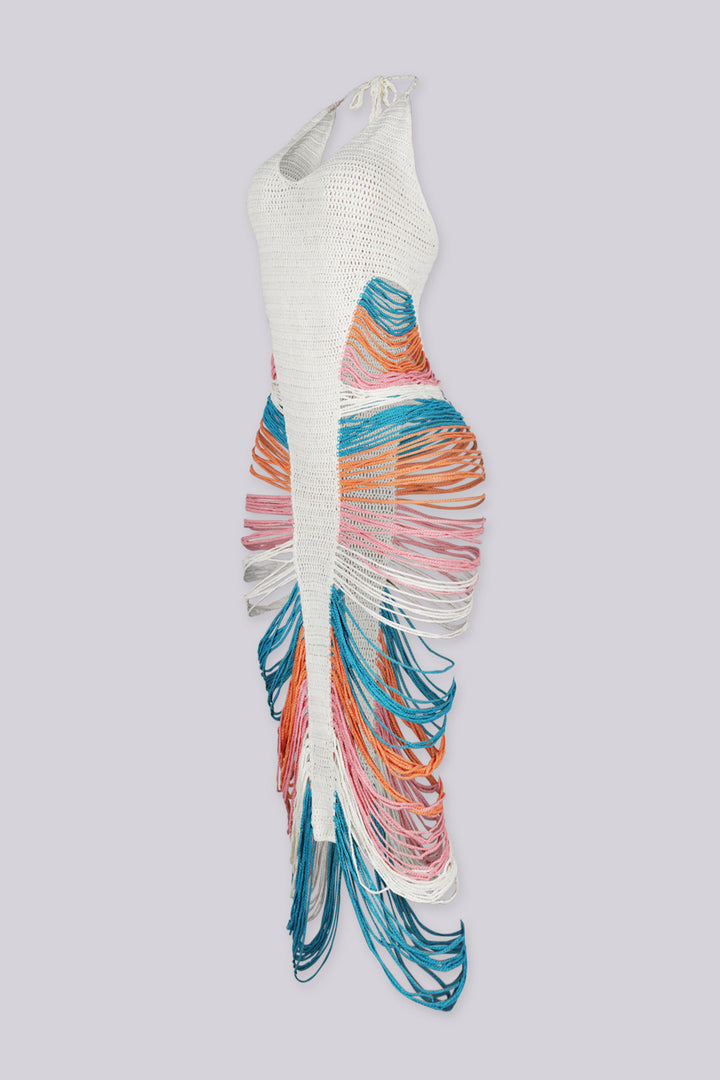 EDGEBYKS - Handcrafted crochet knit maxi dress with a plunging halter neckline, side view