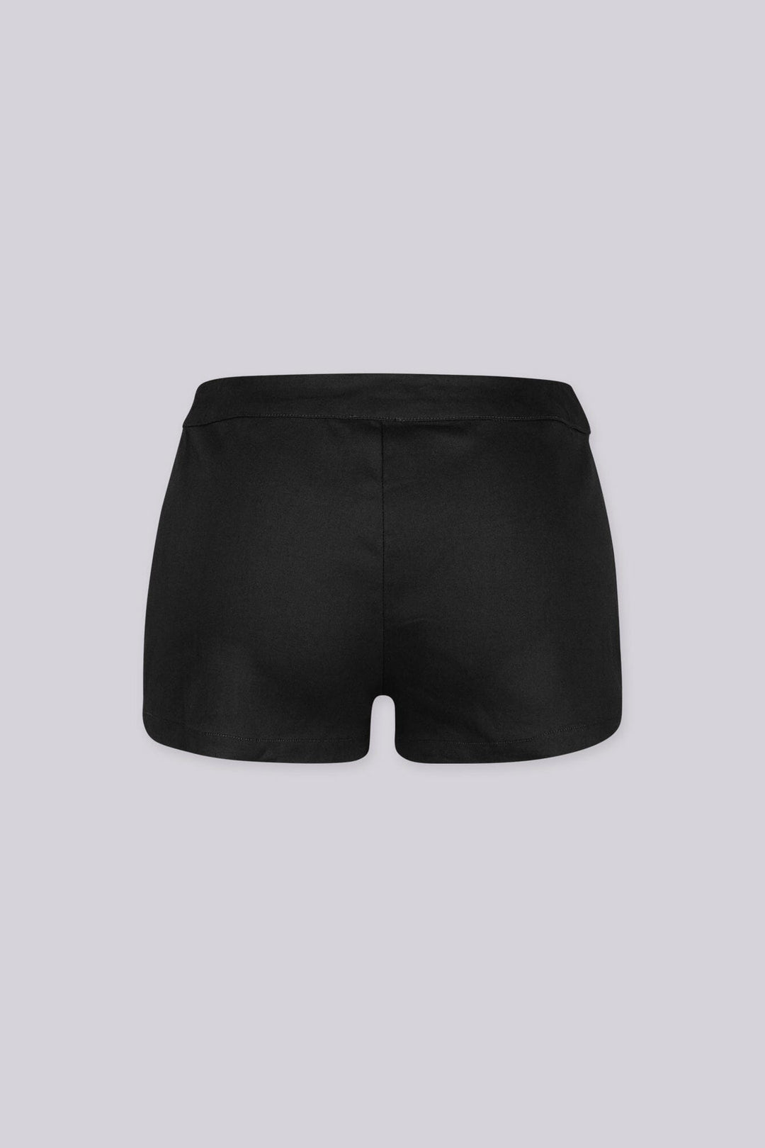 EDGEBYKS - Sleek low-rise waistband mini shorts with twin welt pockets at the front, black back view
