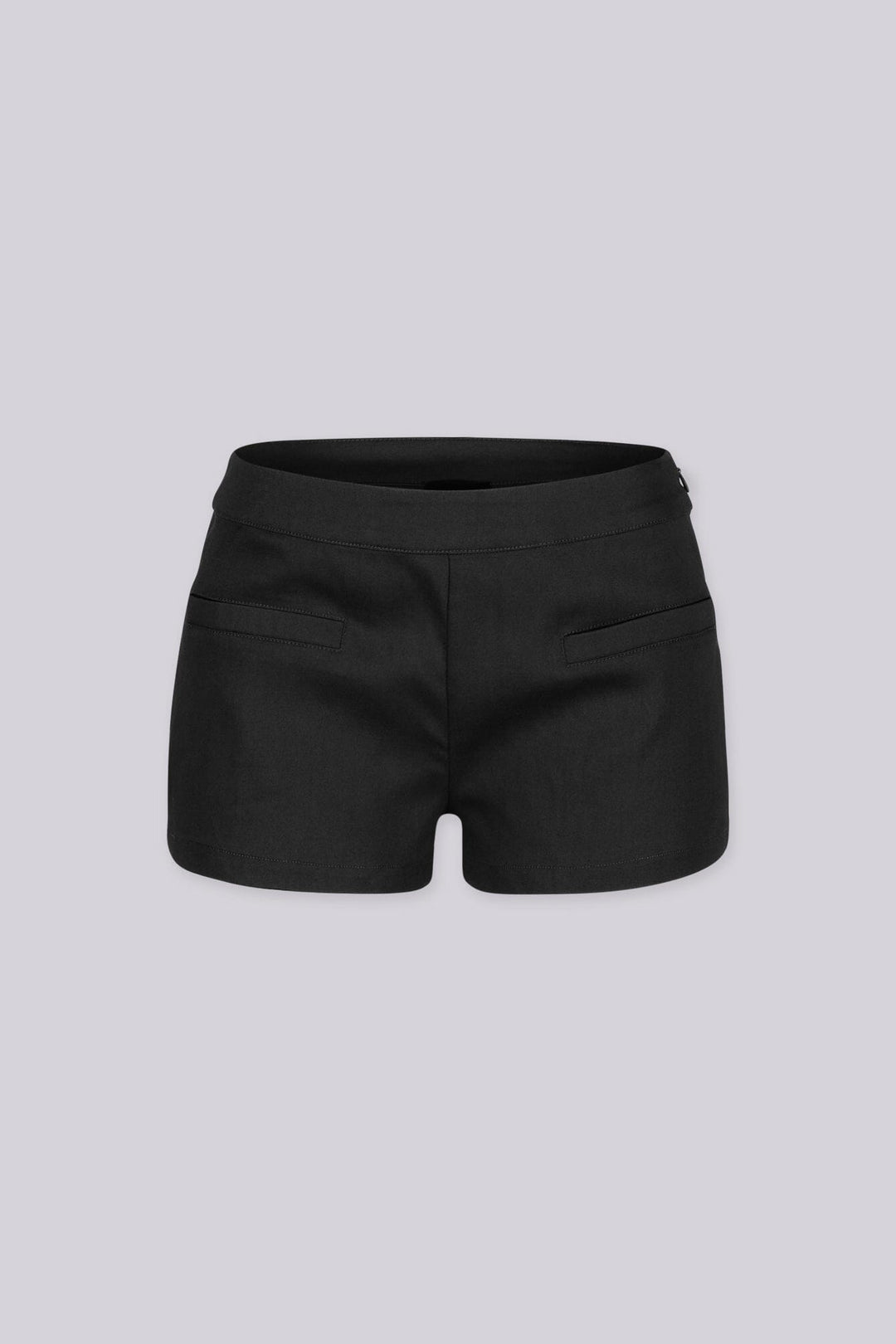 EDGEBYKS - Sleek low-rise waistband mini shorts with twin welt pockets at the front, black front view