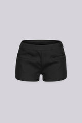EDGEBYKS - Sleek low-rise waistband mini shorts with twin welt pockets at the front, black front view