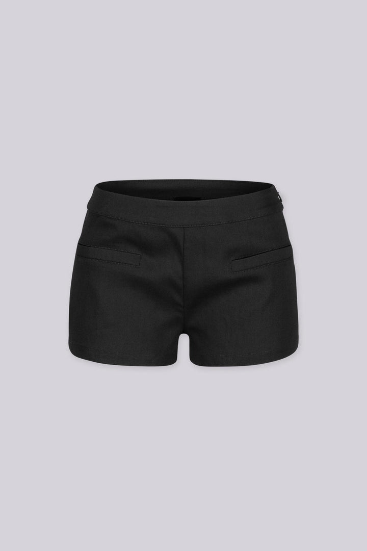 EDGEBYKS - Sleek low-rise waistband mini shorts with twin welt pockets at the front, black front view