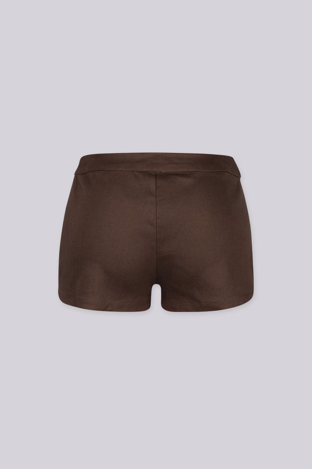 EDGEBYKS - Sleek low-rise waistband mini shorts with twin welt pockets at the front, brown back view