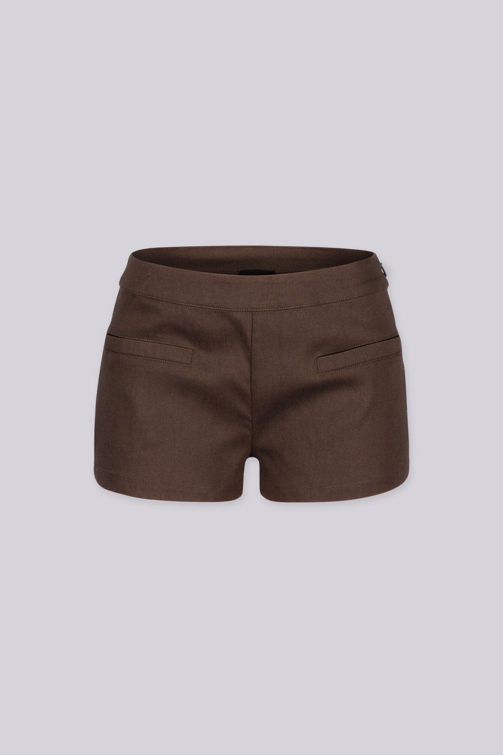 EDGEBYKS - Sleek low-rise waistband mini shorts with twin welt pockets at the front, brown front view