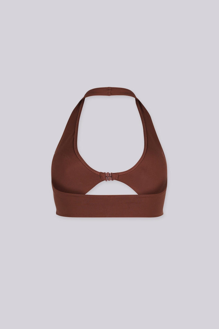 EDGEBYKS - Halter neckline stretch bikini top, Front slide-and-snap closure, brown back view
