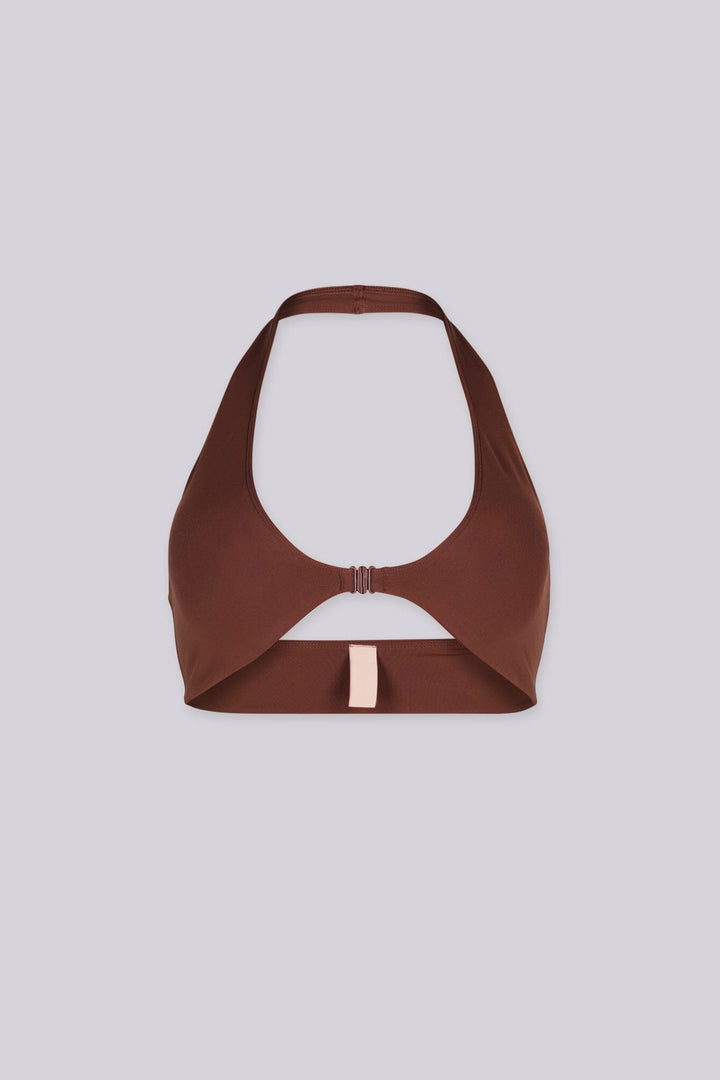 EDGEBYKS - Halter neckline stretch bikini top, Front slide-and-snap closure, brown front view