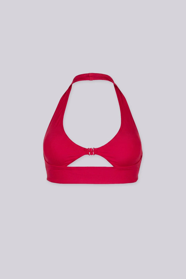 EDGEBYKS - Halter neckline stretch bikini top, Front slide-and-snap closure, red back view