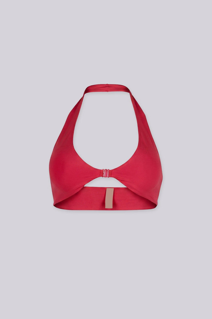 EDGEBYKS - Halter neckline stretch bikini top, Front slide-and-snap closure, red front view