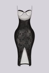 EDGEBYKS - Sheer floral mesh midi dress with dimensional flower petal cups, back view
