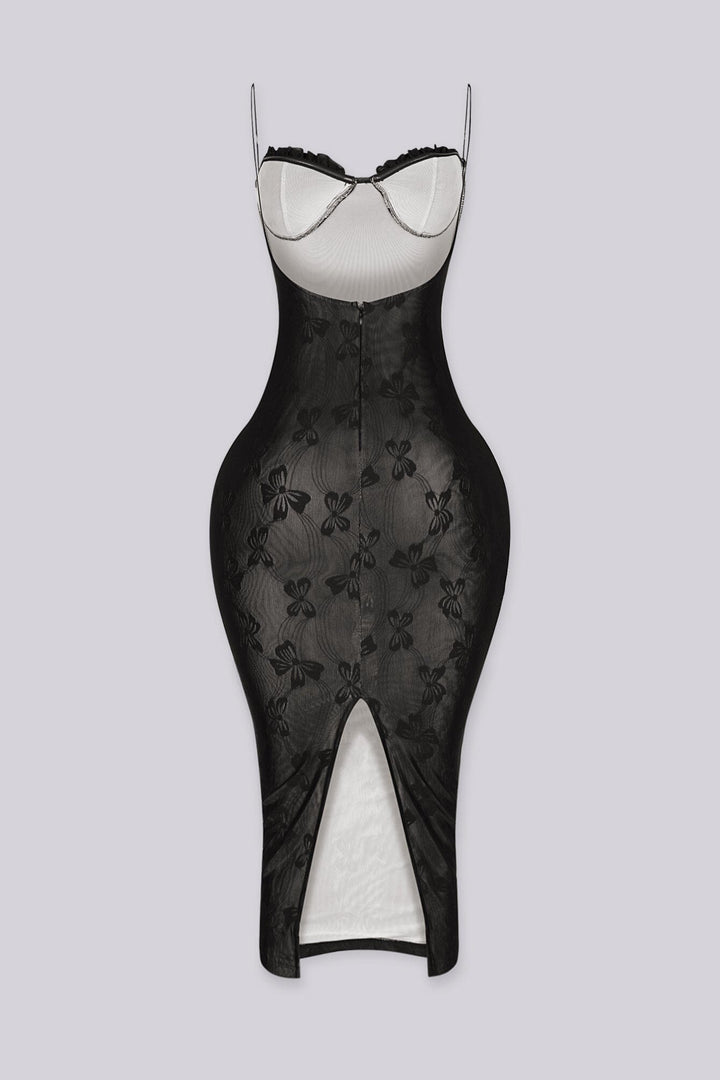 EDGEBYKS - Sheer floral mesh midi dress with dimensional flower petal cups, back view