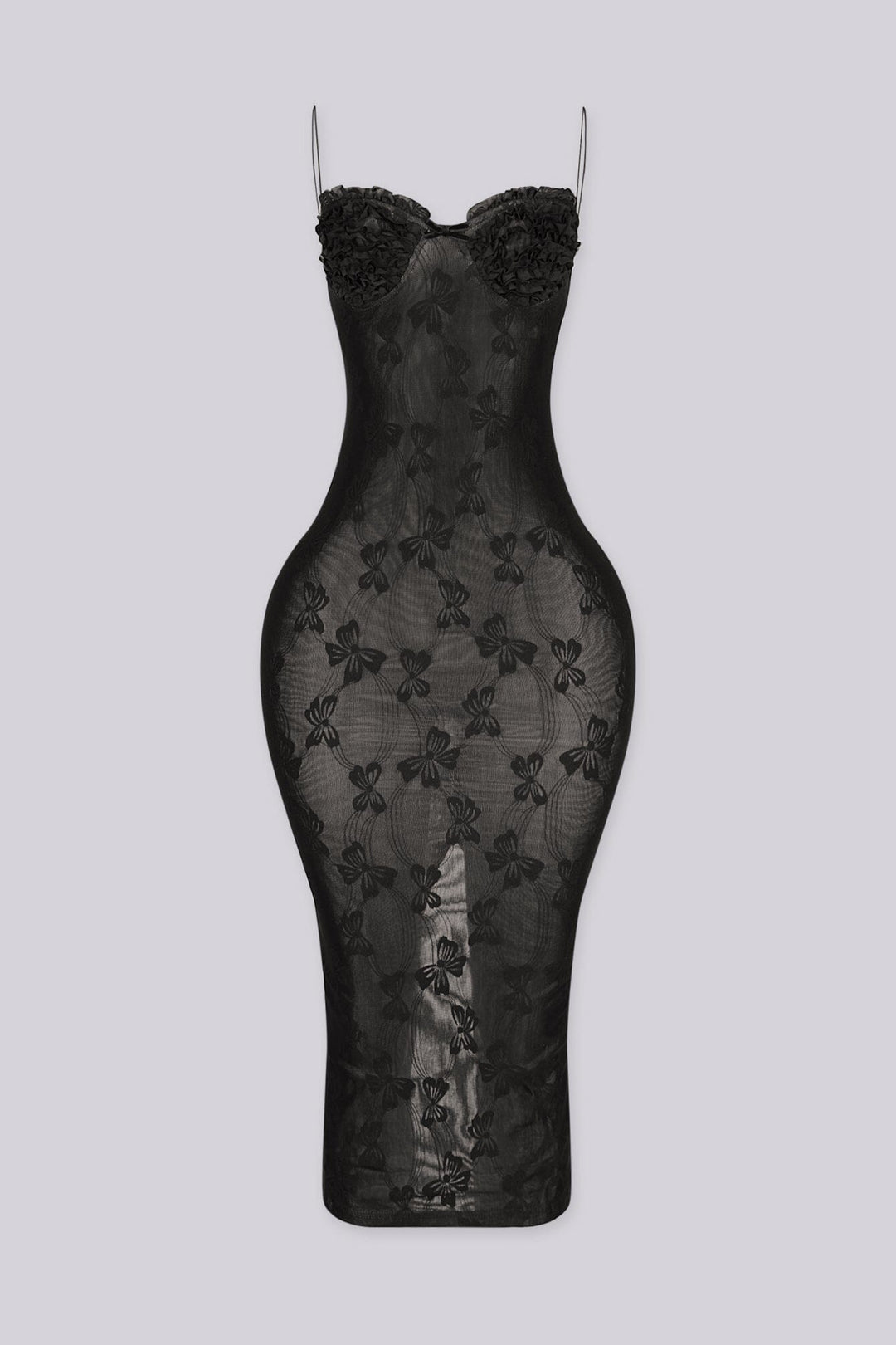Sheer floral mesh midi dress with dimensional flower petal cups, front view