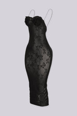 EDGEBYKS - Sheer floral mesh midi dress with dimensional flower petal cups, side view