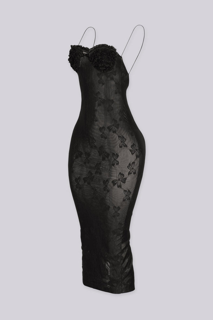 EDGEBYKS - Sheer floral mesh midi dress with dimensional flower petal cups, side view