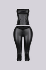 EDGEBYKS - Faux leather material fitted tube top, Matching low rise V cut waistband capri pants, front view