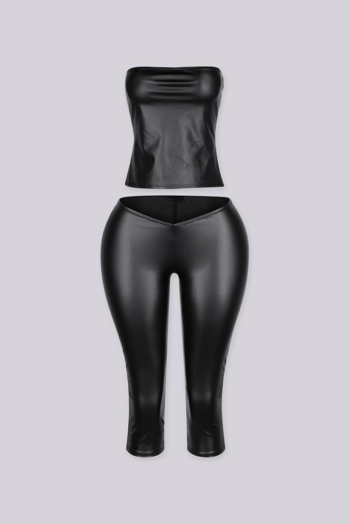 EDGEBYKS - Faux leather material fitted tube top, Matching low rise V cut waistband capri pants, front view