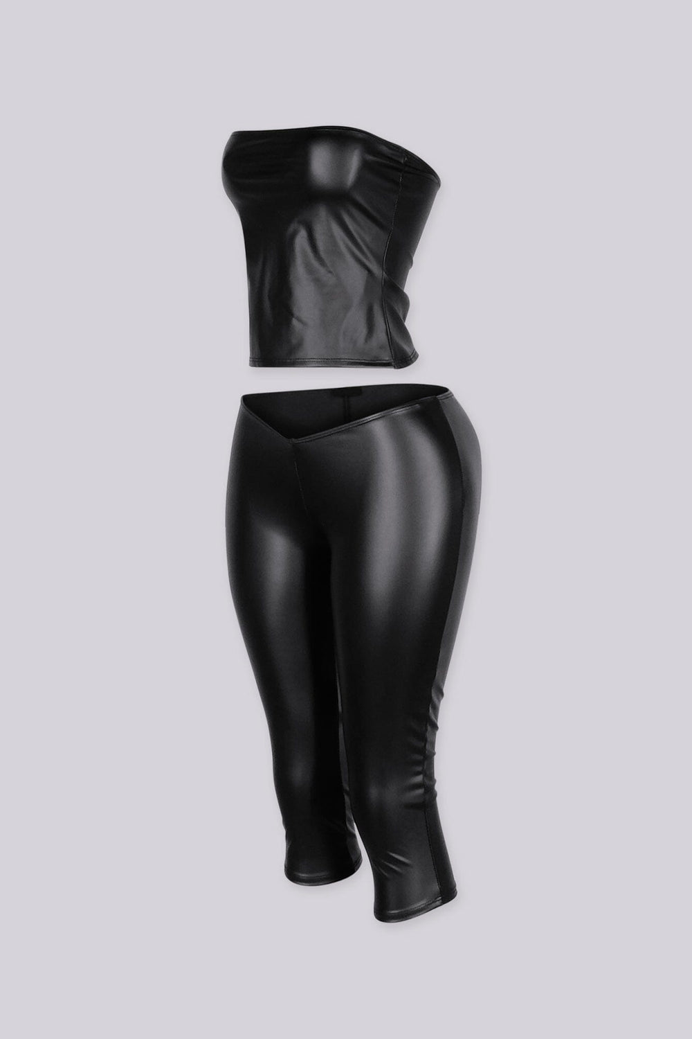 EDGEBYKS - Faux leather material fitted tube top, Matching low rise V cut waistband capri pants, side view