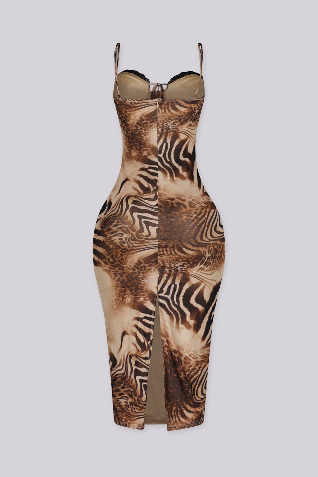 EDGEBYKS - Soft sweetheart neckline mesh midi dress with lace trim detail, back view