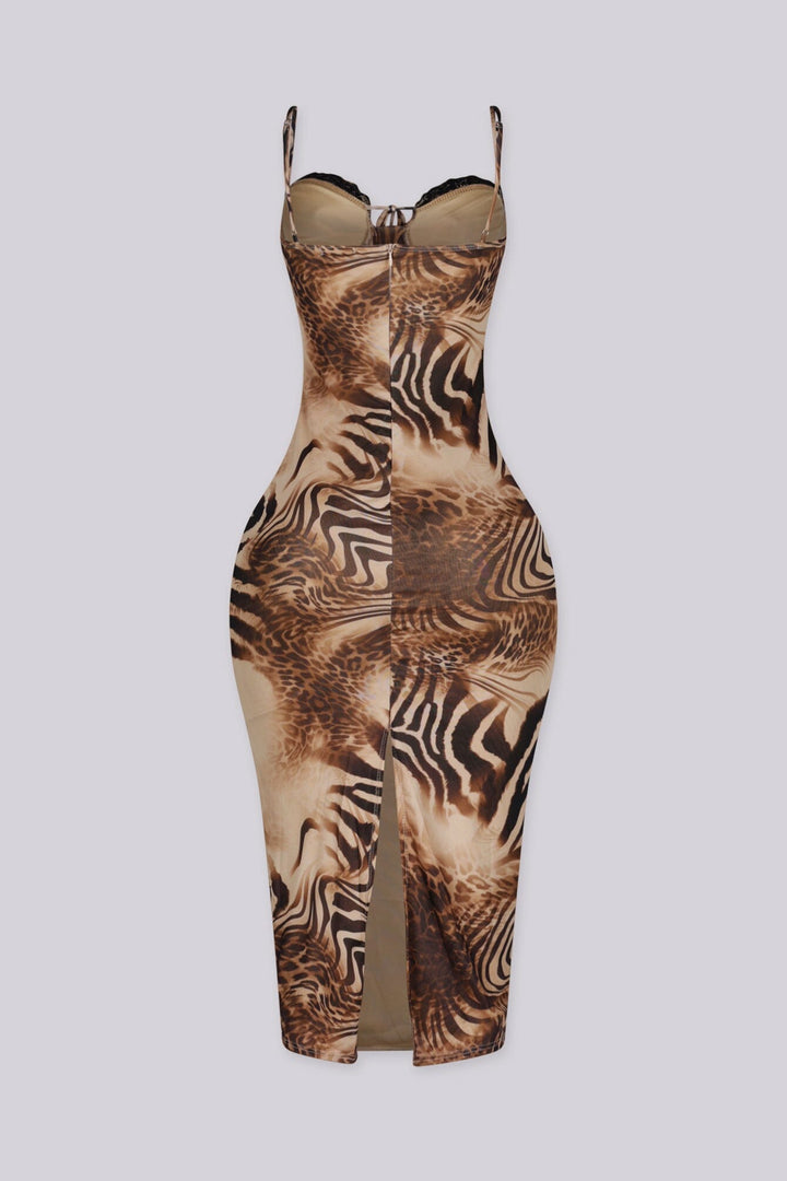 EDGEBYKS - Soft sweetheart neckline mesh midi dress with lace trim detail, back view