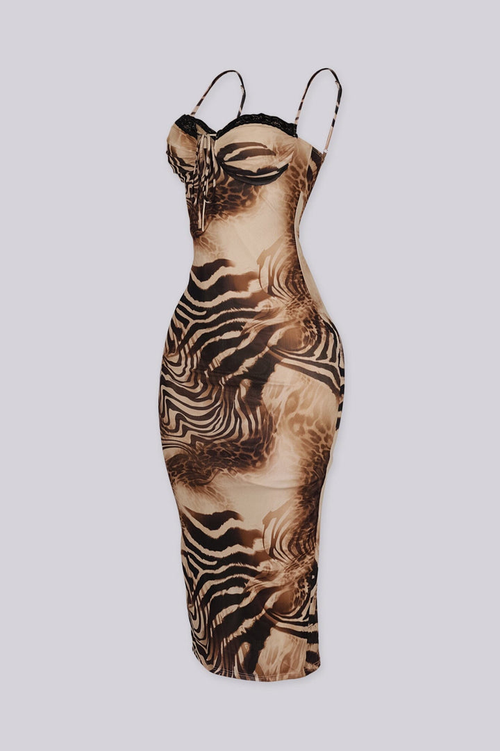 EDGEBYKS - Soft sweetheart neckline mesh midi dress with lace trim detail, side view