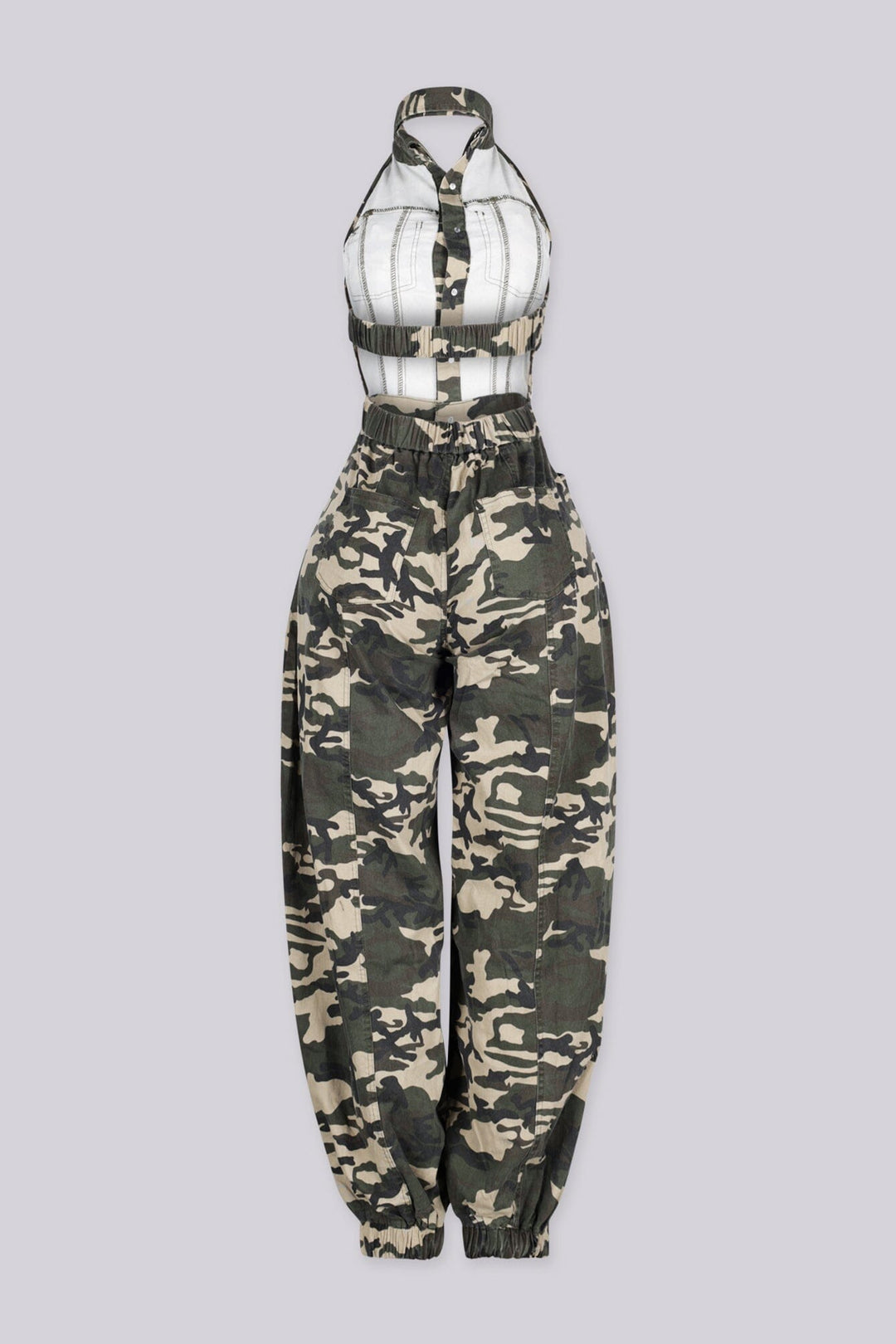 EDGEBYKS - Camo print jogger jumpsuit with a button front closure and open back design, back view
