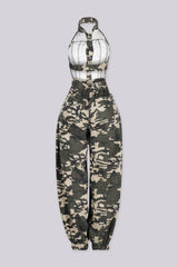 EDGEBYKS - Camo print jogger jumpsuit with a button front closure and open back design, back view