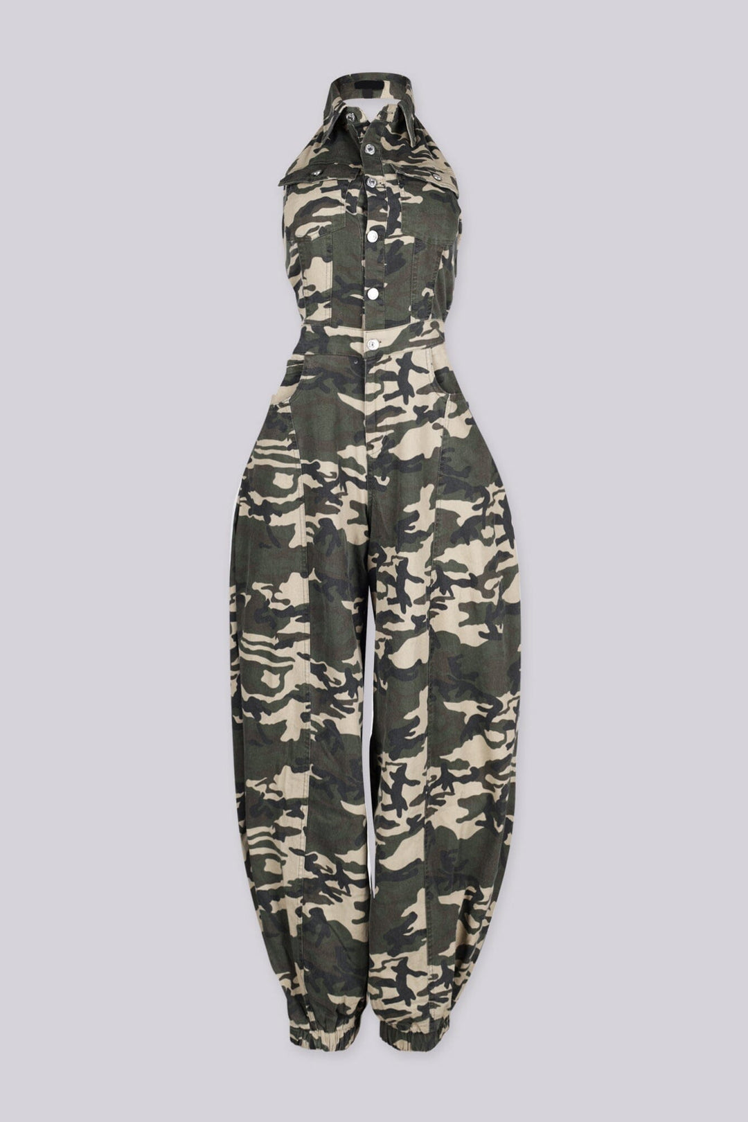 EDGEBYKS - Camo print jogger jumpsuit with a button front closure and open back design, front view