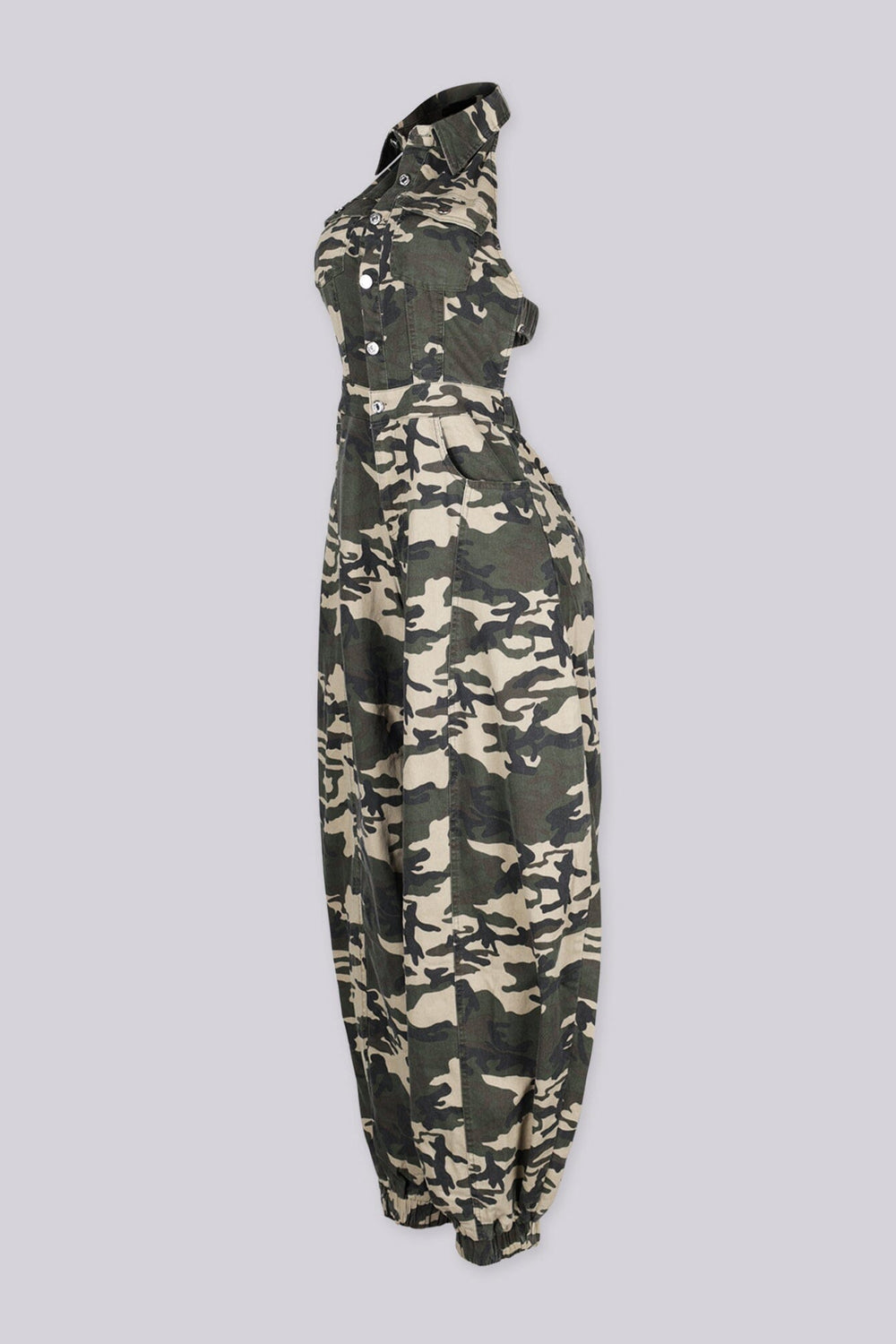 EDGEBYKS - Camo print jogger jumpsuit with a button front closure and open back design, side view