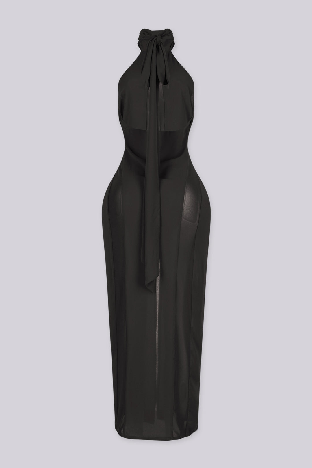 EDGEBYKS - Sheer mock neck midi dress with mesh teardrop cutout in front bodice, back view
