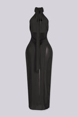EDGEBYKS - Sheer mock neck midi dress with mesh teardrop cutout in front bodice, back view
