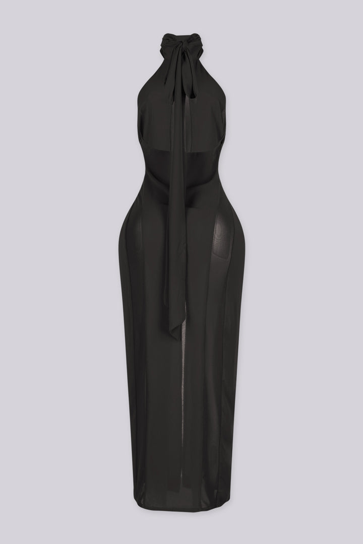 EDGEBYKS - Sheer mock neck midi dress with mesh teardrop cutout in front bodice, back view