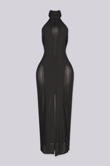 EDGEBYKS - Sheer mock neck midi dress with mesh teardrop cutout in front bodice, front view
