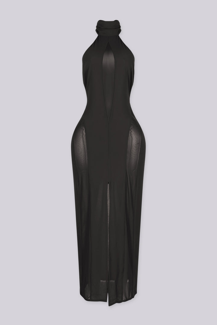 EDGEBYKS - Sheer mock neck midi dress with mesh teardrop cutout in front bodice, front view
