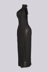 EDGEBYKS - Sheer mock neck midi dress with mesh teardrop cutout in front bodice, side view