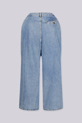EDGEBYKS - High waisted wide leg pleated denim pants, Leather patch accent with draped flowy silhouette, back view