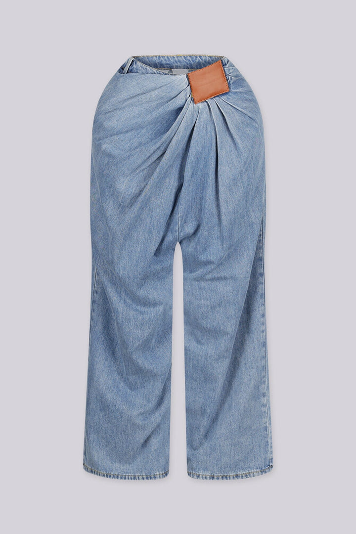 EDGEBYKS - High waisted wide leg pleated denim pants, Leather patch accent with draped flowy silhouette, front view