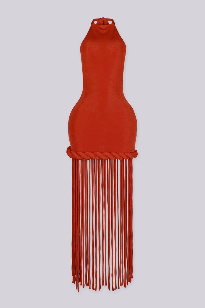 EDGEBYKS -  Tie back halter neck maxi dress fitted through the bodice, front view