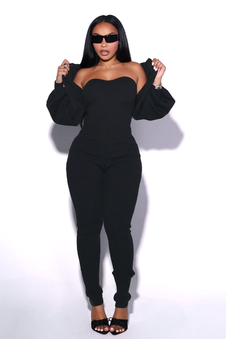 Clover Ribbed Knit Jumpsuit With Bolero SET