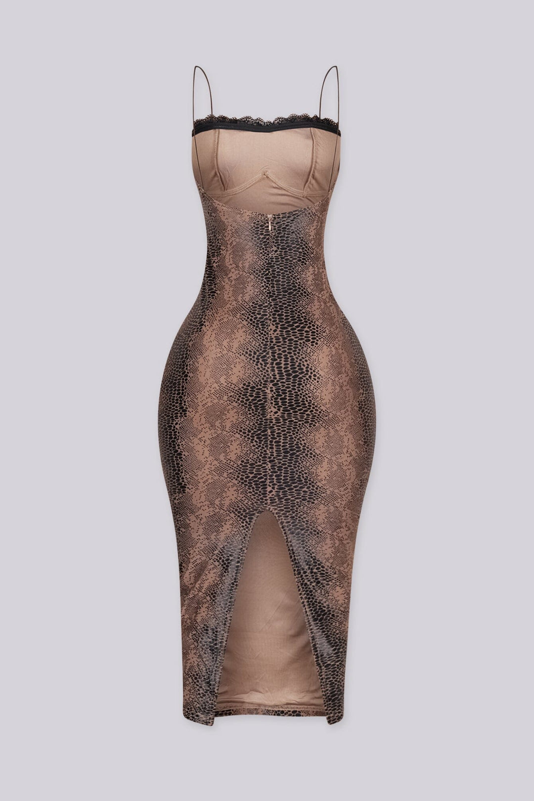 EDGEBYKS - Snake print bodycon midi dress with a sweetheart lace neckline, back view