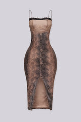 EDGEBYKS - Snake print bodycon midi dress with a sweetheart lace neckline, back view