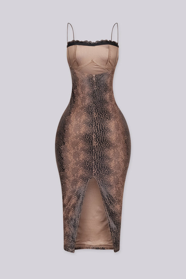 EDGEBYKS - Snake print bodycon midi dress with a sweetheart lace neckline, back view