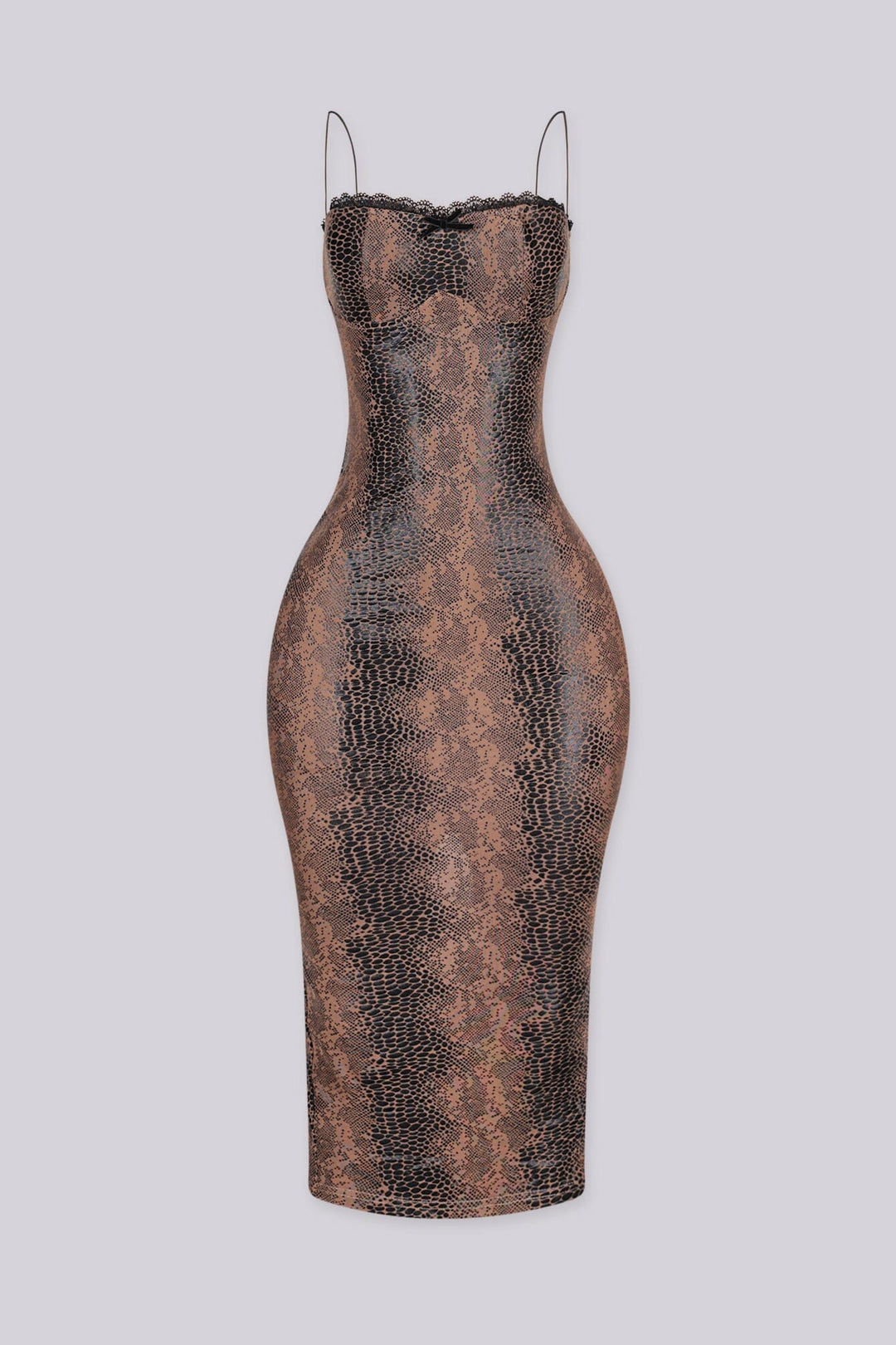EDGEBYKS - Snake print bodycon midi dress with a sweetheart lace neckline, front view
