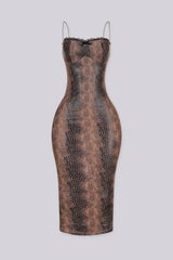 EDGEBYKS - Snake print bodycon midi dress with a sweetheart lace neckline, front view