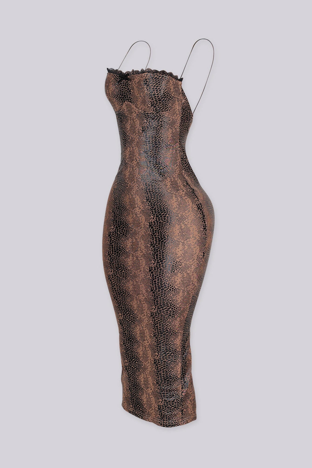 EDGEBYKS - Snake print bodycon midi dress with a sweetheart lace neckline, side view