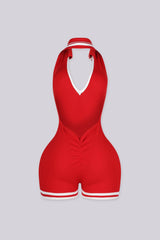 EDGEBYKS - Ribbed knit sleeveless collared romper featuring a plunging halter neckline, red back view