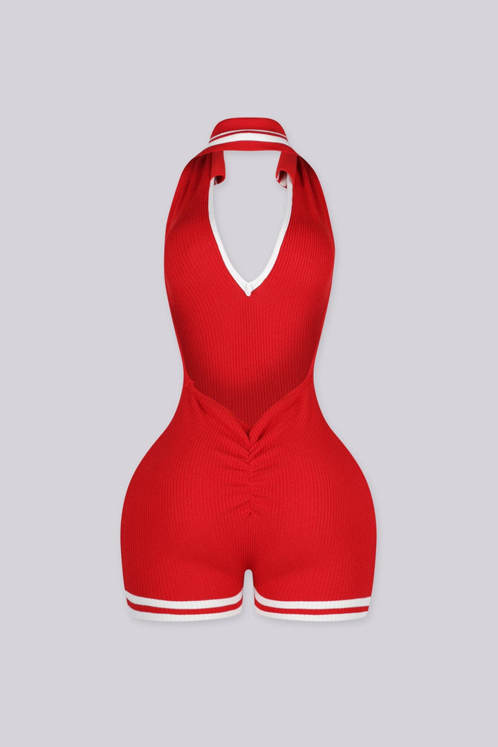 EDGEBYKS - Ribbed knit sleeveless collared romper featuring a plunging halter neckline, red back view