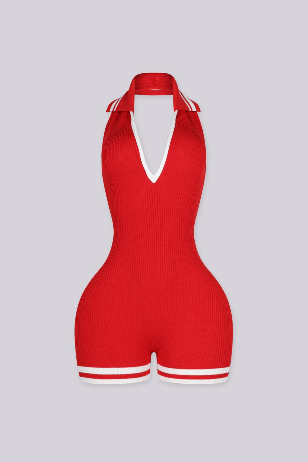 EDGEBYKS - Ribbed knit sleeveless collared romper featuring a plunging halter neckline, red front view