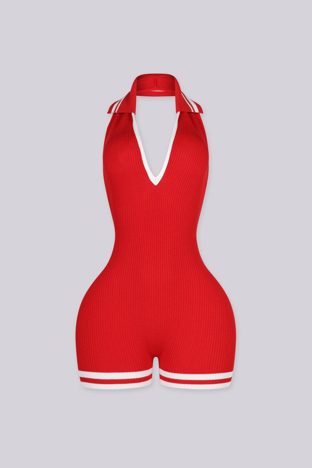 EDGEBYKS - Ribbed knit sleeveless collared romper featuring a plunging halter neckline, red front view