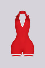 EDGEBYKS - Ribbed knit sleeveless collared romper featuring a plunging halter neckline, red front view