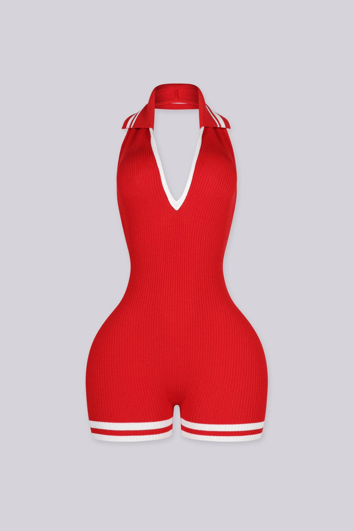 EDGEBYKS - Ribbed knit sleeveless collared romper featuring a plunging halter neckline, red front view