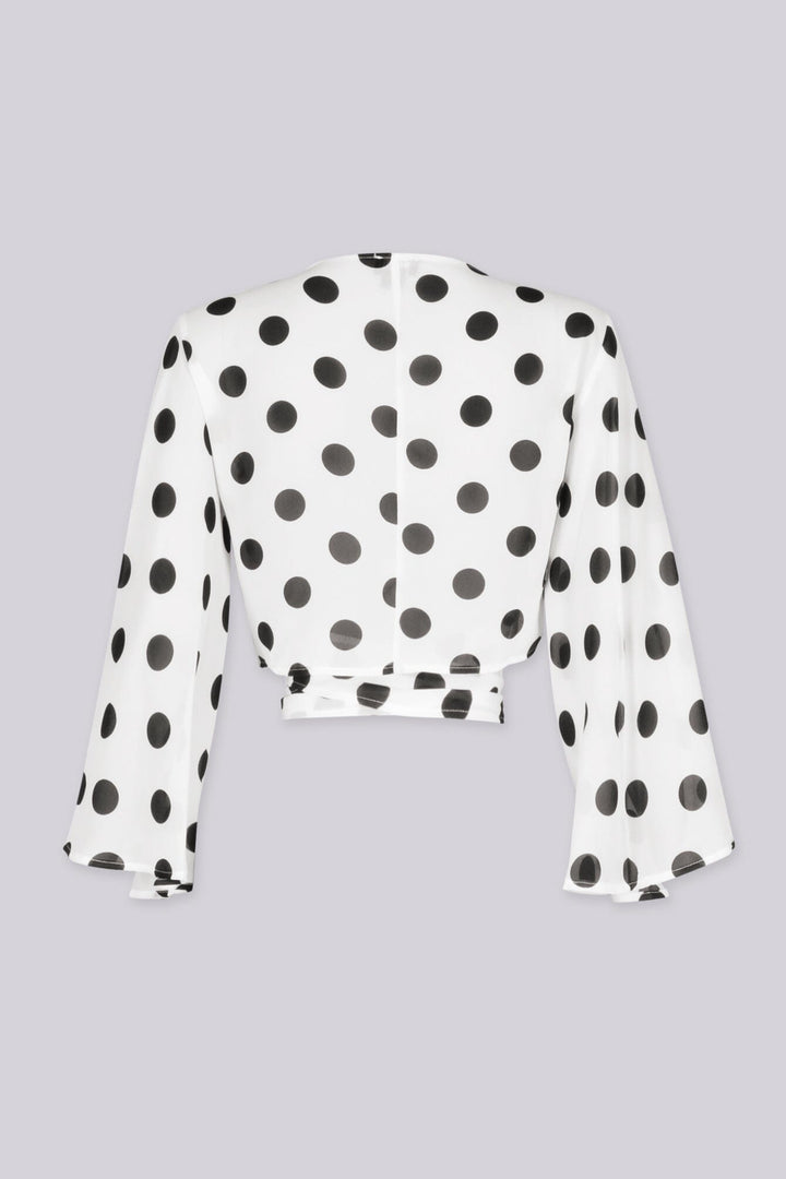 EDGEBYKS - Chiffon polka dot print kimono style crop top with self tie at waist, back view